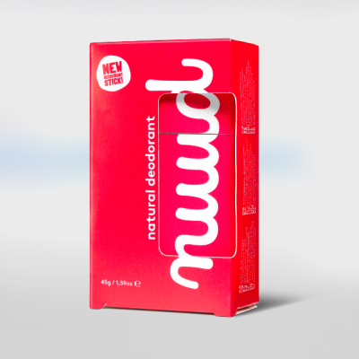Embalagem vermelha de desodorizante natural em barra da marca rmmd.