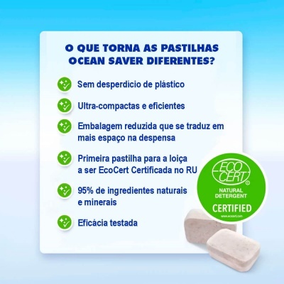 Imagem informativa sobre pastilhas Ocean Saver, com texto e duas pastilhas brancas ao lado do selo ECOCERT