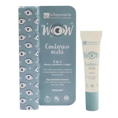 Creme contorno olhos laSaponaria WOW 3 em 1 embalagem azul com olhos desenhados