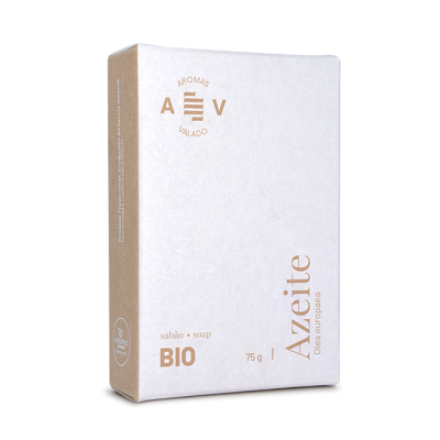 Embalagem de sabonete BIO Azeite branca e bege com texto e logotipo