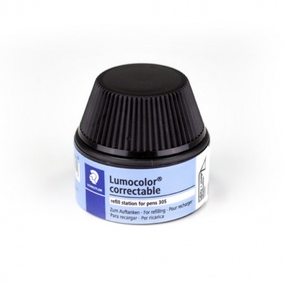 Frasco de tinta correctora Lumocolor® com tampa preta e rótulo azul e branco