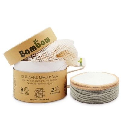 Conjunto de discos desmaquilhantes reutilizáveis BamBaw e embalagem de cartão reciclável