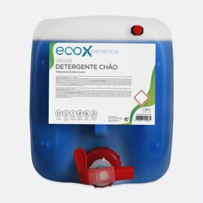 Recipiente azul de detergente para chão com rótulo ecoxperience