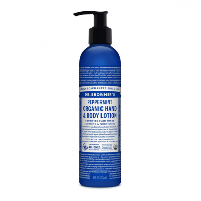 Frasco azul com doseador preto de loção orgânica para mãos e corpo Dr. Bronner's com rótulo branco e azul.