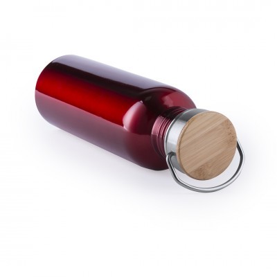 Garrafa metálica vermelha com tampa de madeira e argola metálica