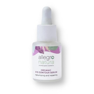 Frasco branco de sérum para contorno dos olhos com rótulo floral e texto informativo