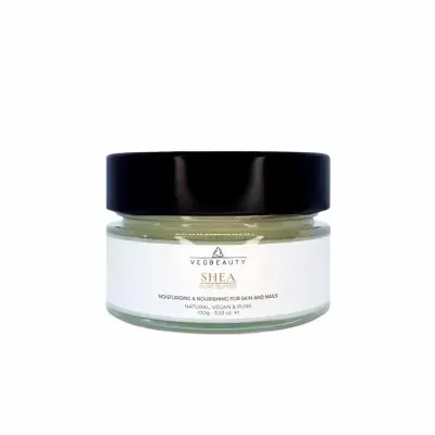 Frasco de creme hidratante Vegbeauty Shea em vidro com tampa preta