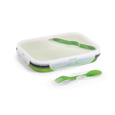 Caixa de almoço verde com tampa transparente e talheres