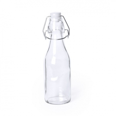 Garrafa de vidro transparente com tampa branca e fecho metálico