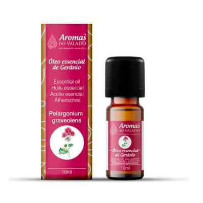 Frasco de óleo essencial de gerânio Aromas do Valado com embalagem rosa e dourada