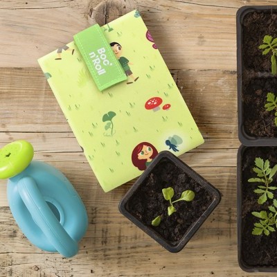 Livro infantil colorido, regador azul e plantas em vasos pretos sobre mesa de madeira