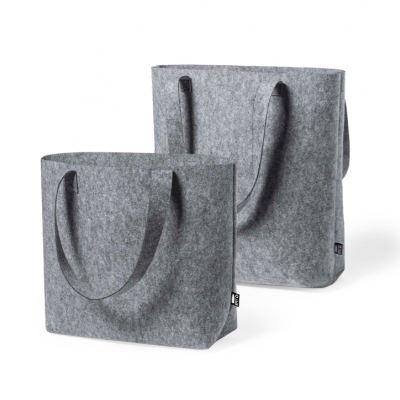 Duas bolsas cinzentas de feltro com alças largas e rótulo 'OF'