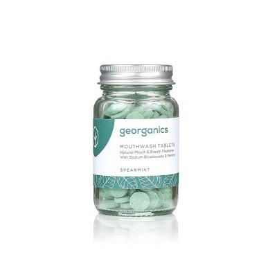 Frasco de pastilhas para enxaguante bucal Spearmint da georganics