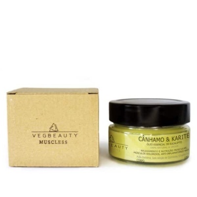 Frasco de creme verde com tampa preta e embalagem de cartão castanho marca VEGBEAUTY MUSCLESS