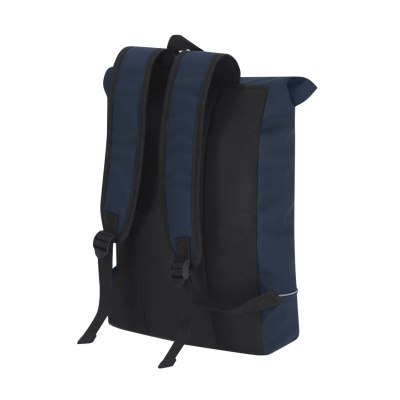 Mochila azul escuro com alças acolchoadas pretas e detalhes refletores.
