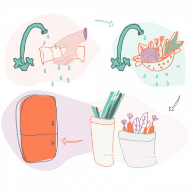 Ilustração de lavagem de legumes e recipientes para armazenamento ao lado de um frigorífico vermelho.