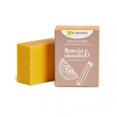Sabonete bio arancia e canela com embalagem castanha e texto branco