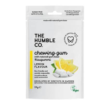 Embalagem branca de pastilhas de goma de mascar sabor limão da THE HUMBLE CO.