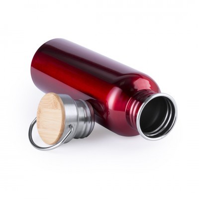 Garrafa térmica vermelha de metal com tampa de madeira