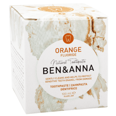Embalagem cúbica de pasta de dentes natural Ben & Anna, sabor laranja, 100 ml, frasco de vidro