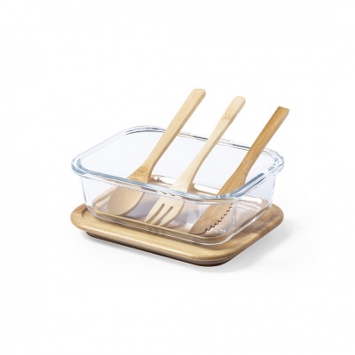 Conjunto de talheres de madeira em recipiente de vidro com base de madeira.