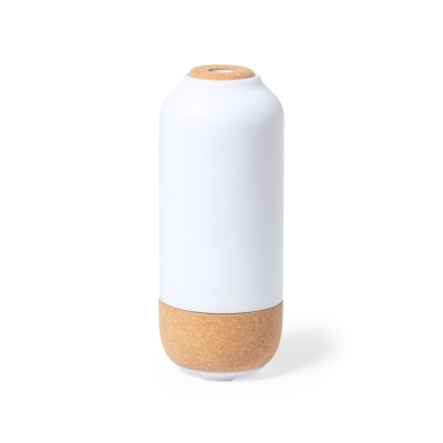 Frasco branco cilíndrico com tampa e base em cortiça