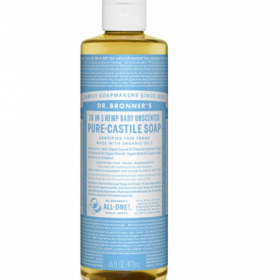 Frasco transparente de sabão Dr. Bronner's Pure-Castile com texto em etiqueta azul.