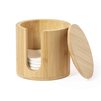 Recipiente redondo em bambu com tampa removível e discos de algodão