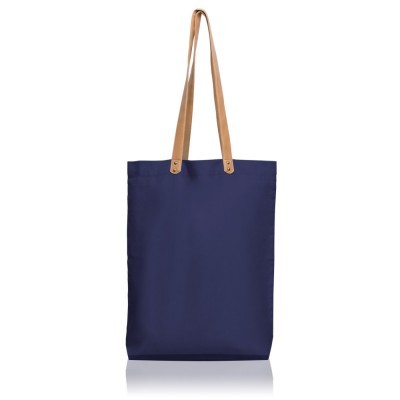 Sacola de tecido azul escuro com duas alças castanhas claras