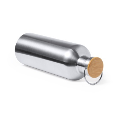 Garrafa de aço inoxidável com tampa de madeira e argola