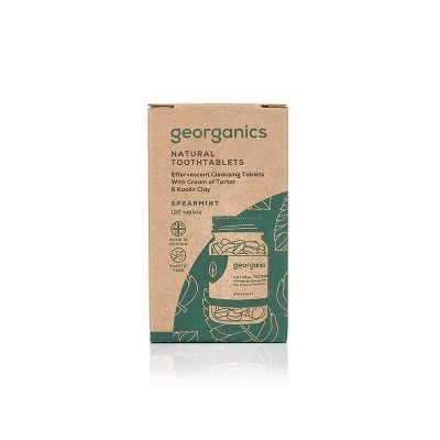Embalagem de pastilhas naturais para dentes georganics com design castanho e verde