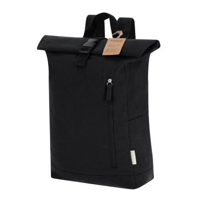 Mochila preta de tecido com fecho e bolso