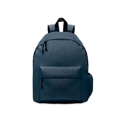 mochila azul escura com bolso frontal e alças pretas