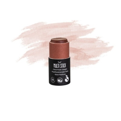 Stick multiusos bronze em embalagem preta com texto branco sobre fundo rosa claro