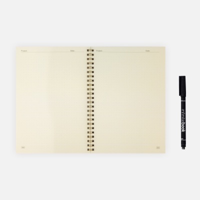 Caderno aberto com folhas pontilhadas e caneta preta minibook ao lado