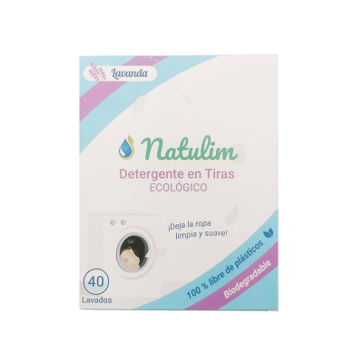 Embalagem de detergente em tiras Natulim com texto ecológico e lavanda