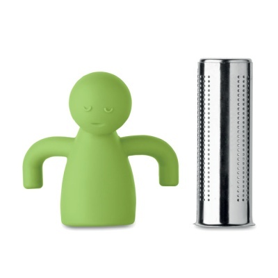 Infusor de chá com figura verde de silicone e recipiente metálico perfurado