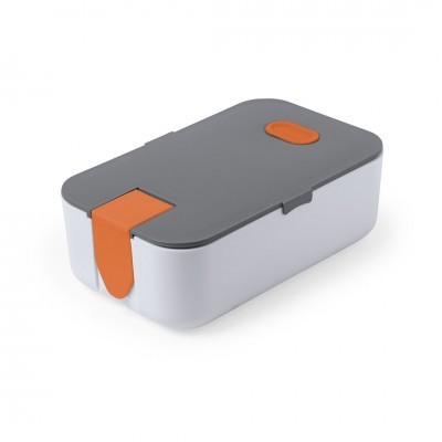 Recipiente branco com tampa cinza e fechos laranja para armazenamento de alimentos