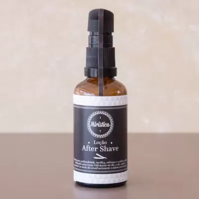 Frasco âmbar de loção After Shave com válvula e rótulo preto e branco