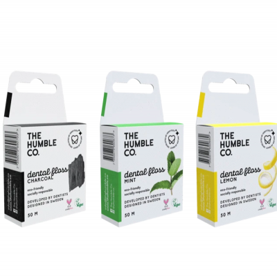 Embalagens de fio dentário THE HUMBLE CO. em carvão, menta e limão
