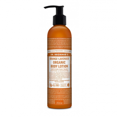 frasco de loção corporal Dr. Bronner's laranja-lavanda com bomba