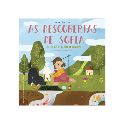 Capa de livro infantil com rapariga, cães e paisagem natural