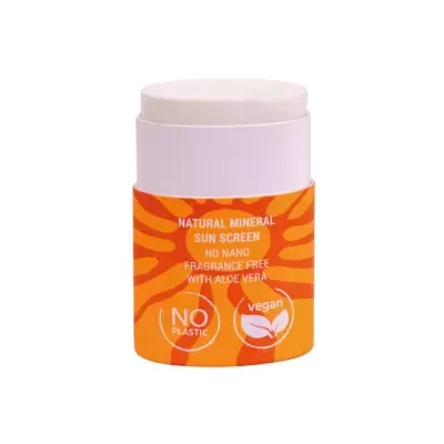 Stick solar natural mineral com rótulo laranja e texto branco