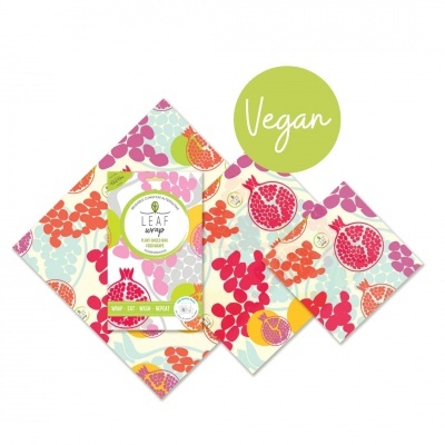 Pacote de wraps reutilizáveis LEAF wrap com padrão de frutos coloridos e símbolo vegano