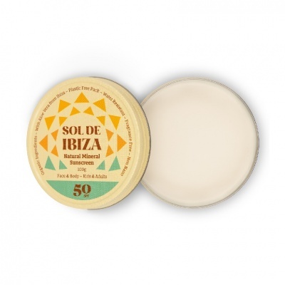 Embalagem redonda de protector solar natural mineral SOL DE IBIZA com tampa amovível