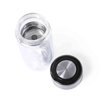 Garrafa térmica de vidro transparente com tampa de metal prateado e preto