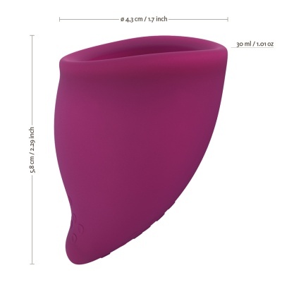 Dispositivo de silicone roxo com medidas e capacidade indicadas