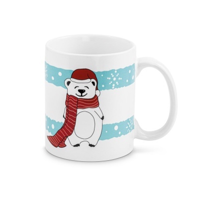 Caneca branca com desenho de urso polar com gorro e cachecol vermelhos