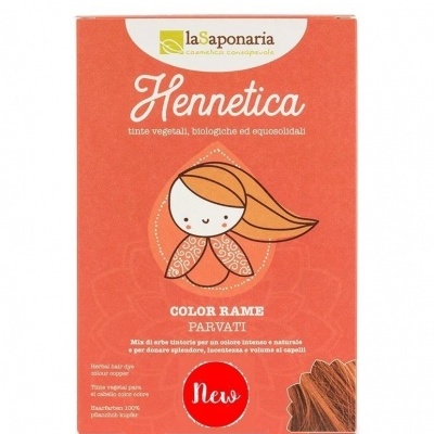 Embalagem laranja de tinta vegetal Hennetica cor cobre com ilustração de figura feminina e selo New