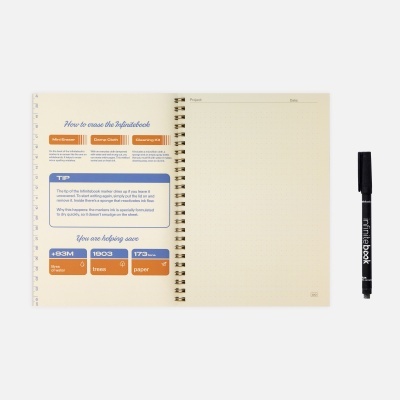 Caderno espiralado com página aberta explicativa e caneta fina preta ao lado